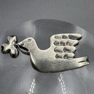 Modernist Dove Holding Clover Brooch Signed NT Sterling Silver Peace Bird